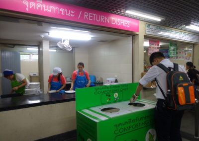 The cafeteria's waste segregation bins.