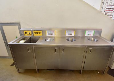 The cafeteria's waste segregation bins.